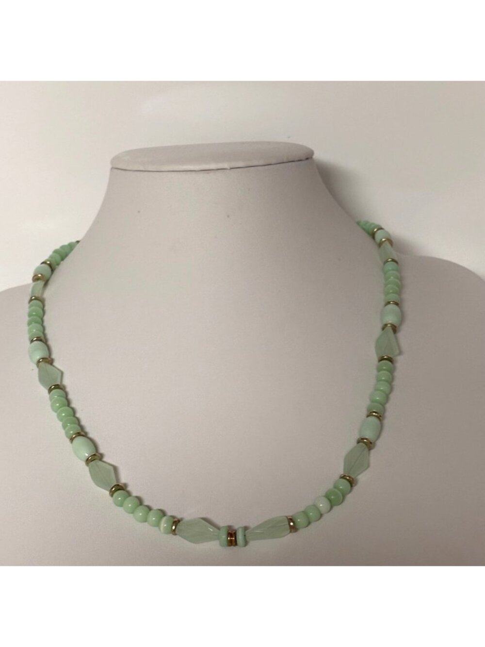 Vintage Green Beaded Necklace Gold Tone Spacers 23 inch Retro Jewelry Gift